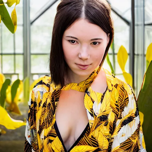 Image similar to portrait photograph of beautiful!!!! young female , symmetric face!, symmetric eyes, slight smile, natural light, wearing a yellow kimono!! with a very detailed barn owl! on her shoulder in a tropical greenhouse. looking at the camera!!. golden crown made of golden leaves. super resolution. Extremely detailed. Graflex camera!, bokeh!!!!!.