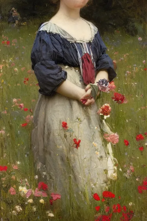 Image similar to Solomon Joseph Solomon and Richard Schmid and Jeremy Lipking victorian genre painting portrait painting of a beautiful young village girl in an open field of flowers, red background