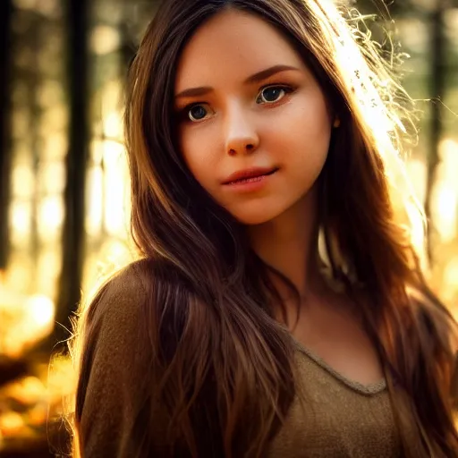 Image similar to real life photo of a beautiful girl, full body photoshoot, long brown hair, brown eyes, full round face, short smile, belly free, brown clothes, forest setting, cinematic lightning, medium shot, mid - shot, highly detailed, trending on artstation, unreal engine 4 k, 8 0 mm, 8 5 mm, cinematic wallpaper