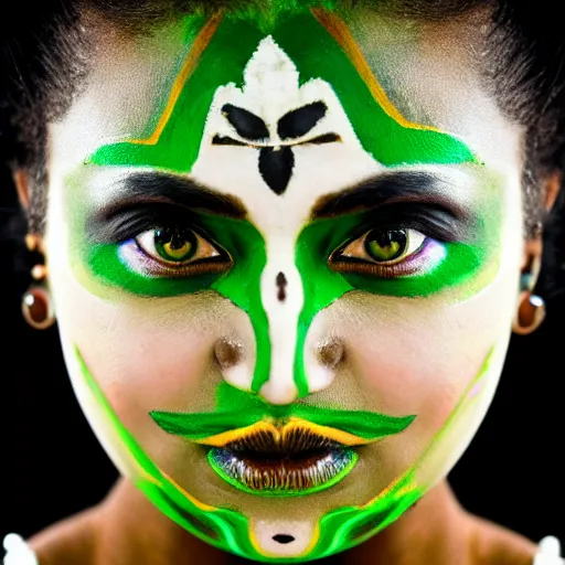 Prompt: minimalist photography portrait of an elaborately adorned female shaman warrior, face paint, symmetrical, super close up, mid thirties, cute round green slanted eyes, ebony skin, wide nostrils, chubby cheeks, high flat eyebrows, ethereal essence, angelic, leica 1 0 0 mm f 0. 8