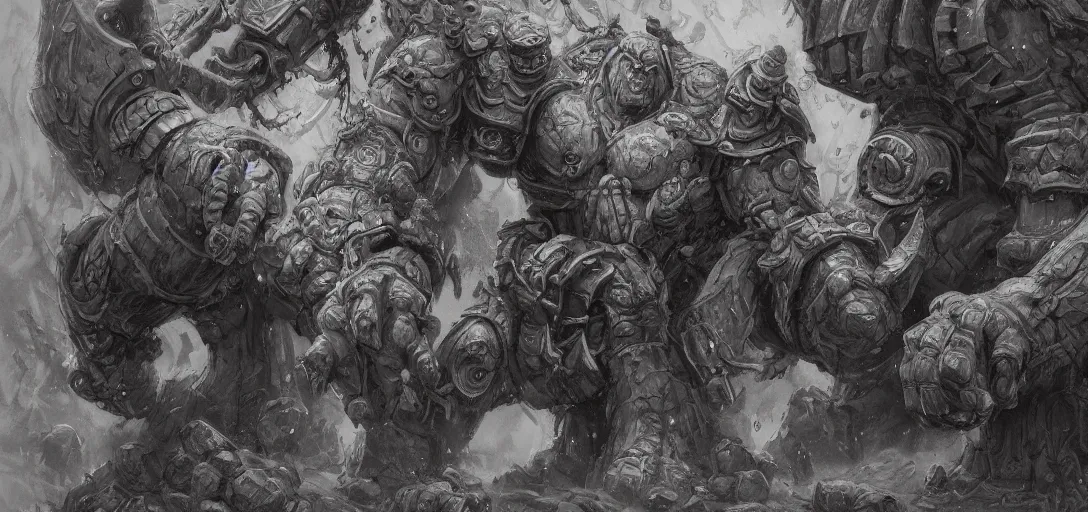 Image similar to A legion of giant sandstone golem, intricate, detailed, World of Warcraft concept art, award winning drawing, by Greg Ludkowski