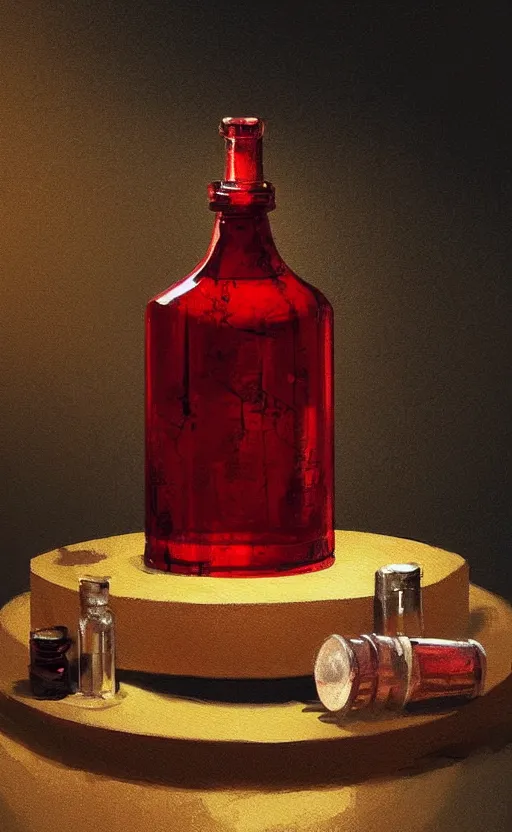Prompt: a beautiful painting illustration of a stylized health potion on a wooden table, scratched vial, high contrast, crimson, by greg rutkowski, featured on artstation, rpg item