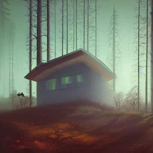 Image similar to “ swedish futuristic cabin next to the lake in the forest by simon stalenhag, misty morning ”