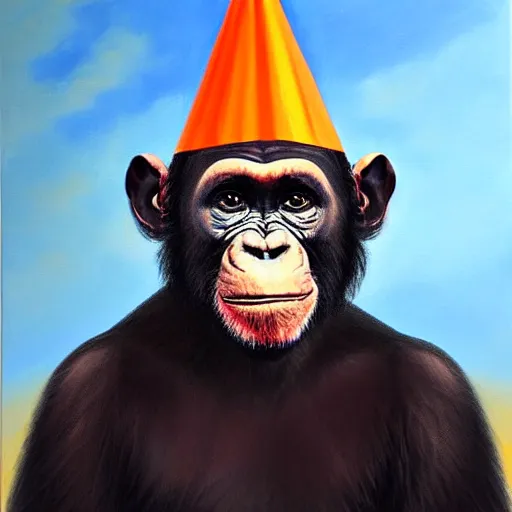 Image similar to An exquisite oil painting of a chimpanzee dressed like Prince Philip with a traffic cone on his head