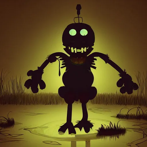 Image similar to creepy ruined abandoned fnaf character, fnaf animatronic rising from the lagoon at night, creepypasta, lamps in the night sky