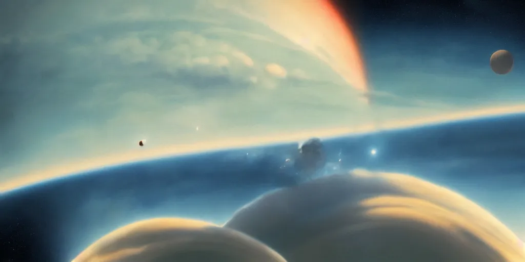 Image similar to blue dreamy cloudscape with a single planet in the clouds, ringed planet, daylight, cinematic lighting, cinematic perspective, syd mead, john harris, federico pelat,