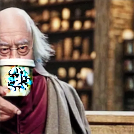 Image similar to Dumbledore sips coffee at Starbucks