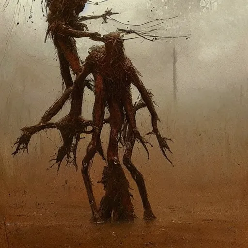 Image similar to painting by jakub rozalski of a muddy rooted humanoid creatures