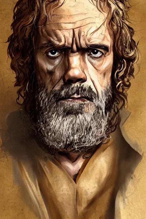 Image similar to portrait, headshot, digital painting, of a 15th century, Tyrion Lannister, old aged, middle eastern, wrinkles, wicked, desert merchant man, dark hair, amber jewels, baroque, ornate dark green clothing, scifi, futuristic, realistic, hyperdetailed, concept art, chiaroscuro, side lighting, art by waterhouse