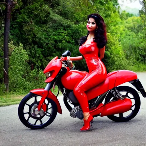 Prompt: A beautiful indian woman wearing red latex dress riding a motorcycle