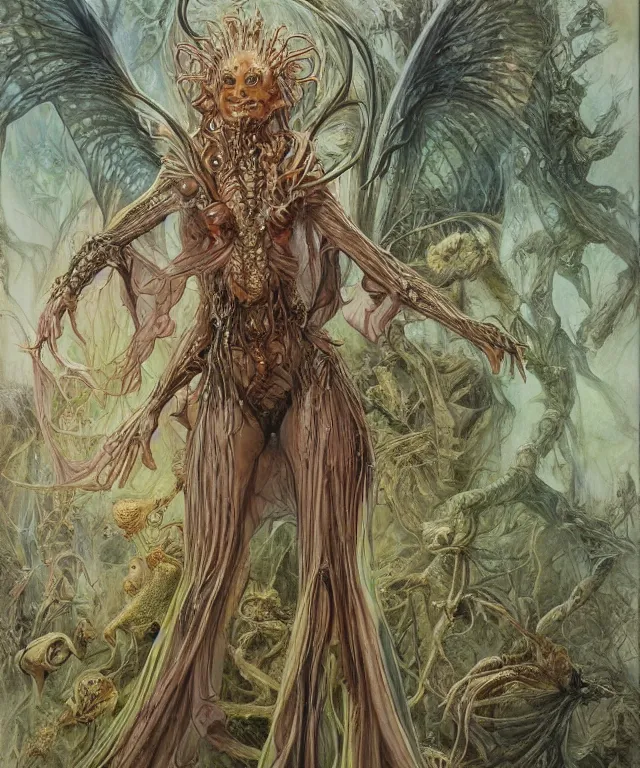 Prompt: a portrait photograph of a fierce galadriel as an alien harpy queen with slimy amphibian skin. she is trying on evil bulbous slimy organic membrane fetish fashion and transforming into a fiery succubus amphibian wasp. by donato giancola, walton ford, ernst haeckel, brian froud, hr giger. 8 k, cgsociety