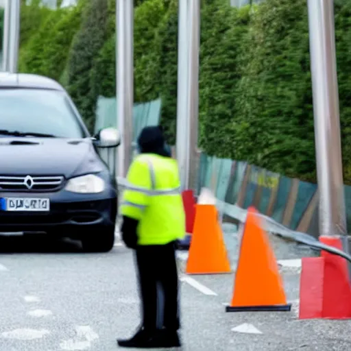 Image similar to a mysterious figure inspecting a german traffic barrier