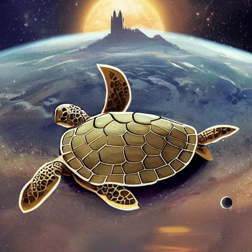 Prompt: turtle floating through space with a medieval city on it's back shell, Chris Pratt, comic