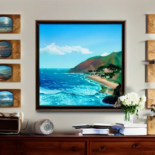 Image similar to malibu hills with ocean, pixar, disney, cinematic scene