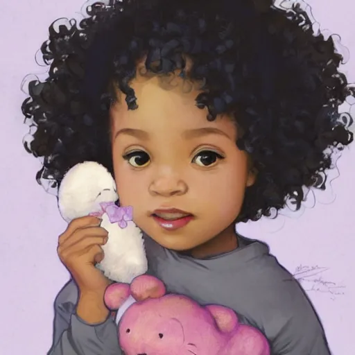 Prompt: a beautiful [[[[[smiling]]]]] little black toddler girl with short curly hair, at the park on a beautiful day, holding a round pink stuffed animal, by Artgerm, Mucha Klimt, Hiroshi Yoshida and Craig Mullins, featured on Artstation, CGSociety, Behance HD, Deviantart