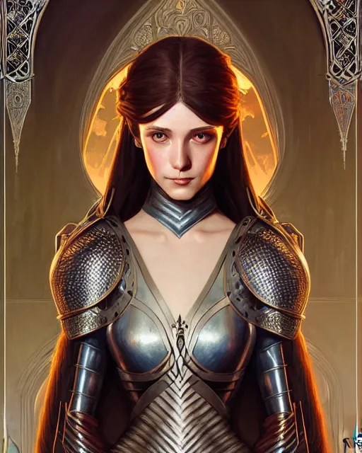 Prompt: Beautiful and playful medieval knight portrait, art nouveau, fantasy, intricate triangular designs, elegant, highly detailed, sharp focus, art by Artgerm and Greg Rutkowski and WLOP