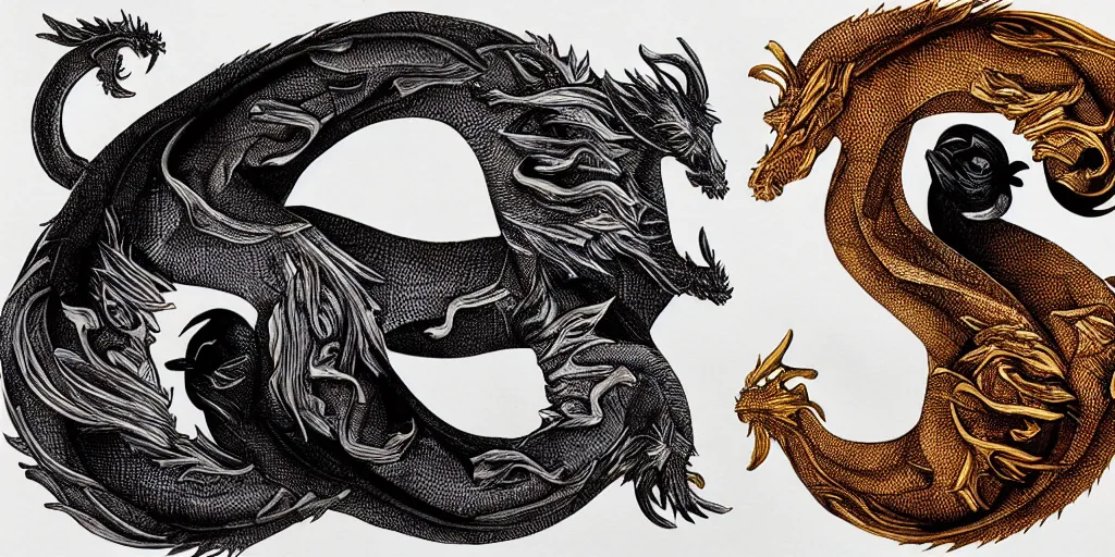 Image similar to realistic scene of dragons as ying yang, golden, delicate, hyper realism, 1 4 5 0, ink, ultra realistic, 8 k