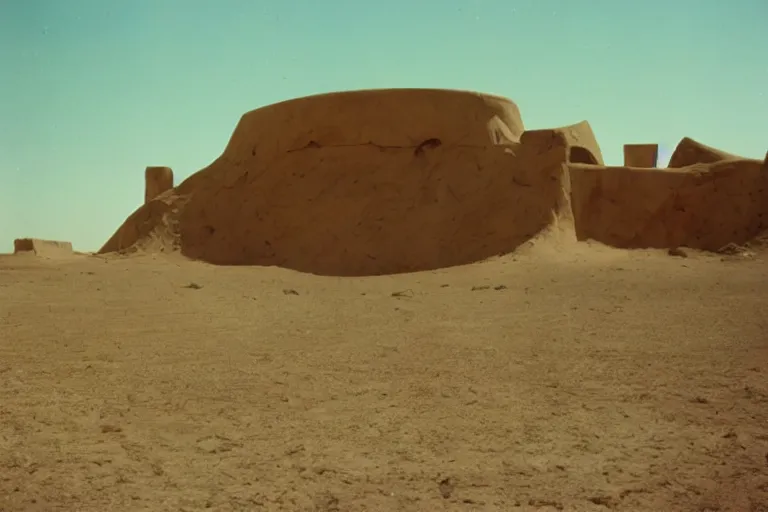 Image similar to film still of esoteric gigantic prehuman building in the desert, by Étienne-Louis Boullée, ektachrome full-HD