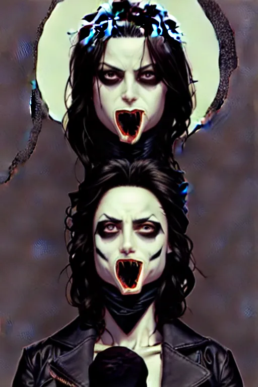 Image similar to rafael albuquerque comic art, peter mohrbacher, phil noto, steve niles, artgerm, pretty willa holland vampire sharp vampire teeth open mouth, symmetrical eyes, black leather jacket, jeans, long black hair