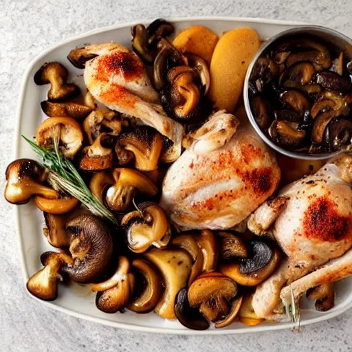 Image similar to delicious looking platter of roasted chicken thighs and huge mushrooms