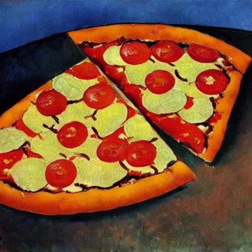 Prompt: Modigliani painting of a pizza magaritha on a garden table