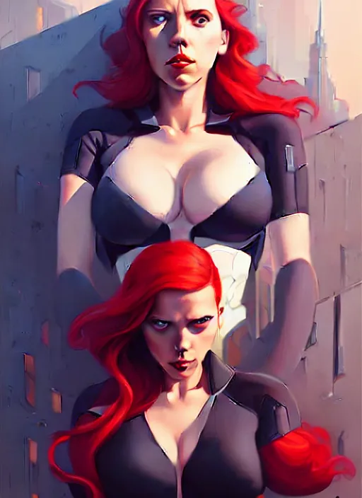 Image similar to peter mohrbacher, phil noto, artgerm, pretty scarlett johansson black widow, symmetrical eyes, long red hair, full body, city rooftop