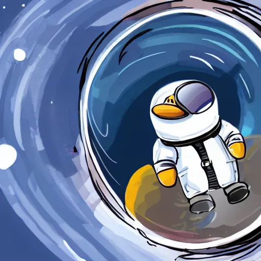 Image similar to cute astronaut penguin, helmet on, floating on space, disney style, 8 k