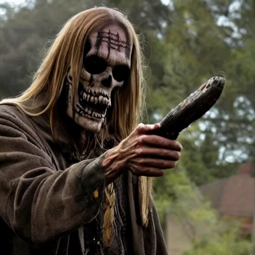 Image similar to bill moseley stealing the grim reaper's weapon, realistic horrors