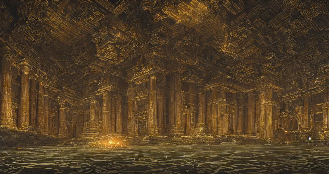 Image similar to iridescent enormously spacious intricately detailed grand slaaneshite temple of Slaanesh inspired by the most opulent temples of ancient Greece. The templer is situated on a barren landscape of harsh exoplanet, small very bright flame of warp energy is visible in the center, moody dramatic lighting, professionally detailed illustration by Zdislaw Beksinski, James Gurney, Tsutomu Nihei, CGsociety,luxury,mythological,ultra realistic,high detail,golden ratio,cinematic lighting,maximalist,35mm,rtx on,HDRI unreal engine render