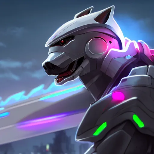 Image similar to highly detailed cinematic shot of a mecha canine, sharp claws, sleek armor, glowing visor, charging through city, digital art, furry art, furaffinity, deviantart, dragon art