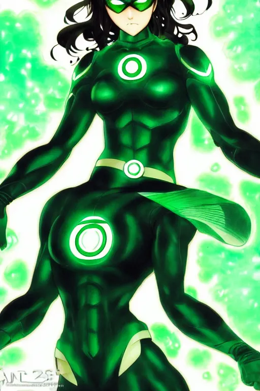 Image similar to anime key visual of a beautiful young female green lantern!! intricate, green and black suit, glowing, powers, dc comics, cinematic, stunning, highly detailed, digital painting, artstation, smooth, hard focus, illustration, art by artgerm and greg rutkowski and alphonse mucha