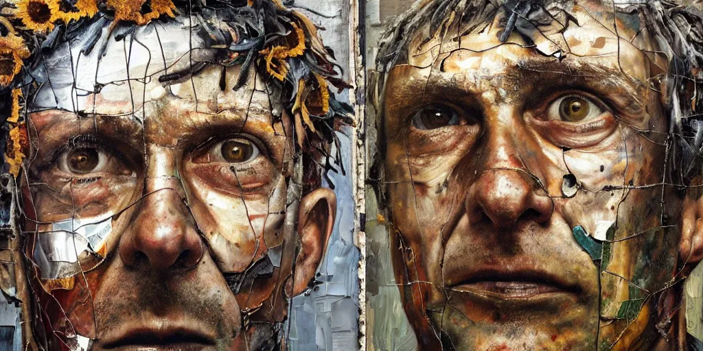 Image similar to a close up portrait a very ordinary middle-aged man with a sad expression, front angle, by Anselm Kiefer and Lucian Freud and Jenny Saville, oil painting, rust, Scaffolding, rusted metal and sunflowers, iron cladding, decay, mixed media, textured, anatomically correct, beautiful perfect face, visible brushstrokes, sharp focus, Highly Detailed, photographic emulsion peeling, Cinematic Lighting, 8k, HD