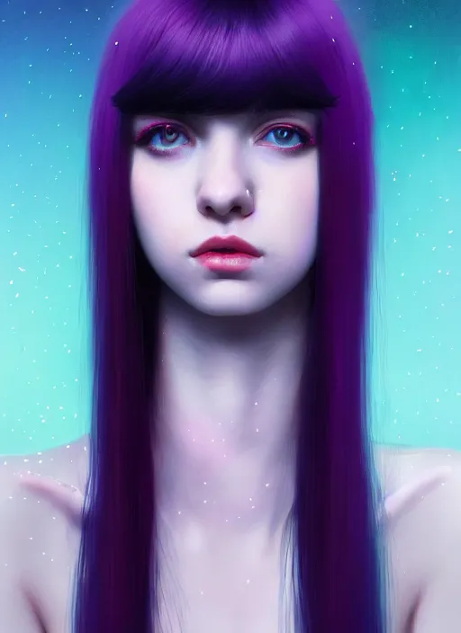 Image similar to hair whitebangs hair, black hair, whitebangs, portrait of teenage girl with white bangs, red irises, purple clothes, white bangs, bangs are different color from hair, intricate, elegant, glowing lights, highly detailed, digital painting, artstation, concept art, smooth, sharp focus, illustration, art by wlop, mars ravelo and greg rutkowski