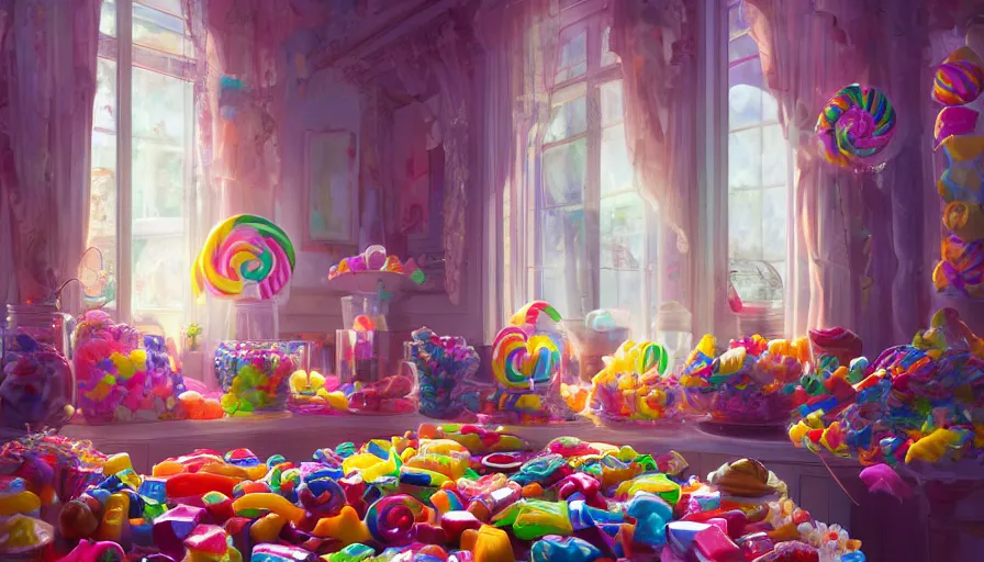 Image similar to house full of candies, sunlight through windows, hyperdetailed, artstation, cgsociety, 8 k