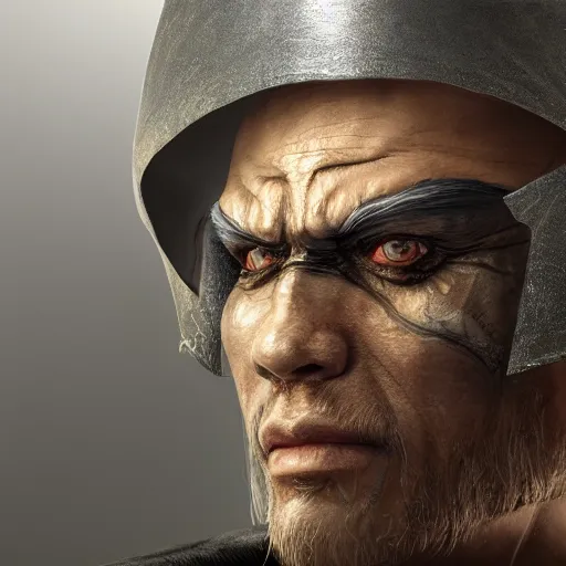 Image similar to hyper realistic, highly detailed hybrid of raiden from mortal kombat, and raiden from metal gear solid wearing an asian conical hat. portrait, stephen bliss, unreal engine, greg rutkowski, beeple global illumination, translucent, sub - surface scattering, detailed and intricate environment