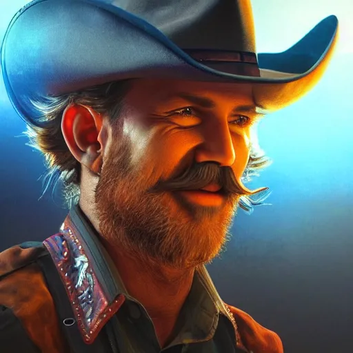Image similar to Photorealistic cowboy with an animal bat as his moustache. Hyperdetailed photorealism, 108 megapixels, amazing depth, glowing rich colors, powerful imagery, psychedelic Overtones, 3D finalrender, 3d shading, cinematic lighting, artstation concept art