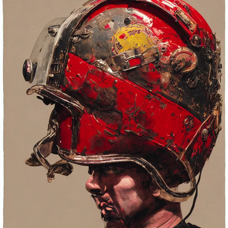 Image similar to portrait of a third reich soldier in ornate motorcycle dirt helmet in a helmet background red plastic bag, circuitboard,, rich deep colors, ultra detail, by francis bacon, james ginn, petra courtright, jenny saville, gerhard richter, zdzisaw beksinsk, takato yamamoto. masterpiece, elegant fashion studio ighting 3 5 mm