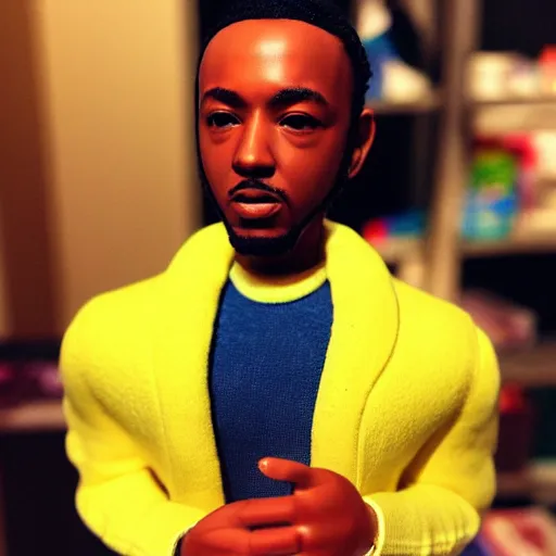 Image similar to “an award winning photograph of a shiny plastic action figure doll of Kendrick Lamar, the rapper, hip hop artist, dressed as a programmer. Cool!”