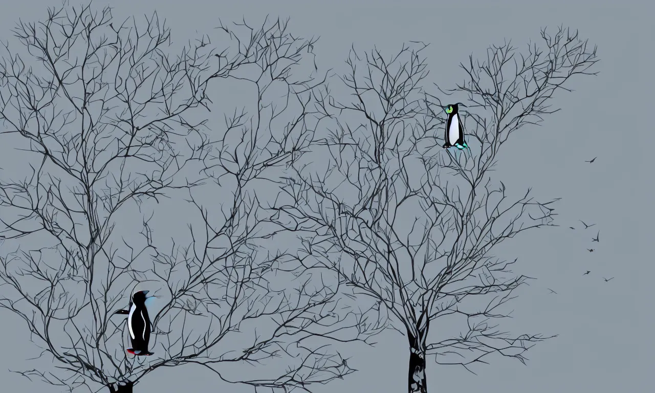 Prompt: penguin building a tree, digital art, 3 d illustration, transparent backround
