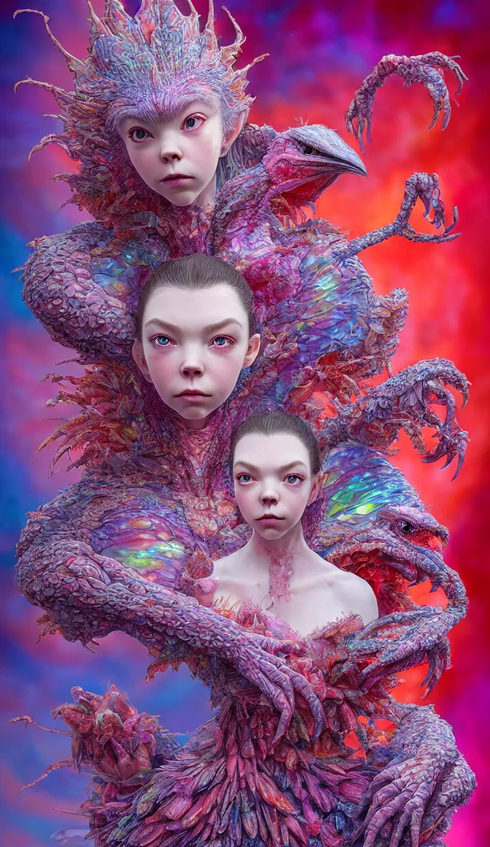 Image similar to hyper detailed 3d render like a Oil painting - kawaii portrait Aurora (a beautiful skeksis queen from dark crystal that looks like Anya Taylor-Joy) seen red carpet photoshoot in UVIVF posing in scaly dress to Eat of the Strangling network of yellowcake aerochrome and milky Fruit and His delicate Hands hold of gossamer polyp blossoms bring iridescent fungal flowers whose spores black the foolish stars by Jacek Yerka, Ilya Kuvshinov, Mariusz Lewandowski, Houdini algorithmic generative render, Abstract brush strokes, Masterpiece, Edward Hopper and James Gilleard, Zdzislaw Beksinski, Mark Ryden, Wolfgang Lettl, hints of Yayoi Kasuma, octane render, 8k