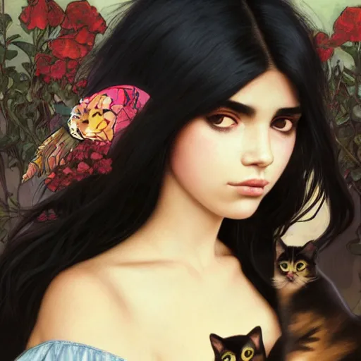 Prompt: emo mexican girl and her cat, with long dark hair, thick eyebrows!!! deep dark big shiny eyes and dark circles!, wide nose!, oval face shape, by juan villafuerte, greg rutkowski and alphonse mucha, pexels contest winner, high quality photo, rtx, hd