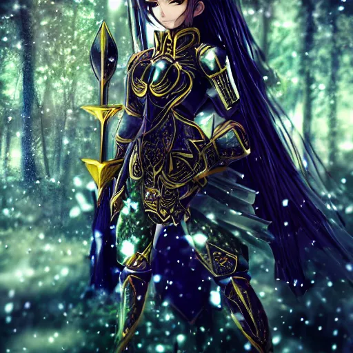 Image similar to full shot portrait focus of beautiful knight 3D anime girl, golden armor wearing, dark forest background, snowing, bokeh, inspired by Masami Kurumada, digital painting, high contrast, unreal engine render, volumetric lighting, high détail