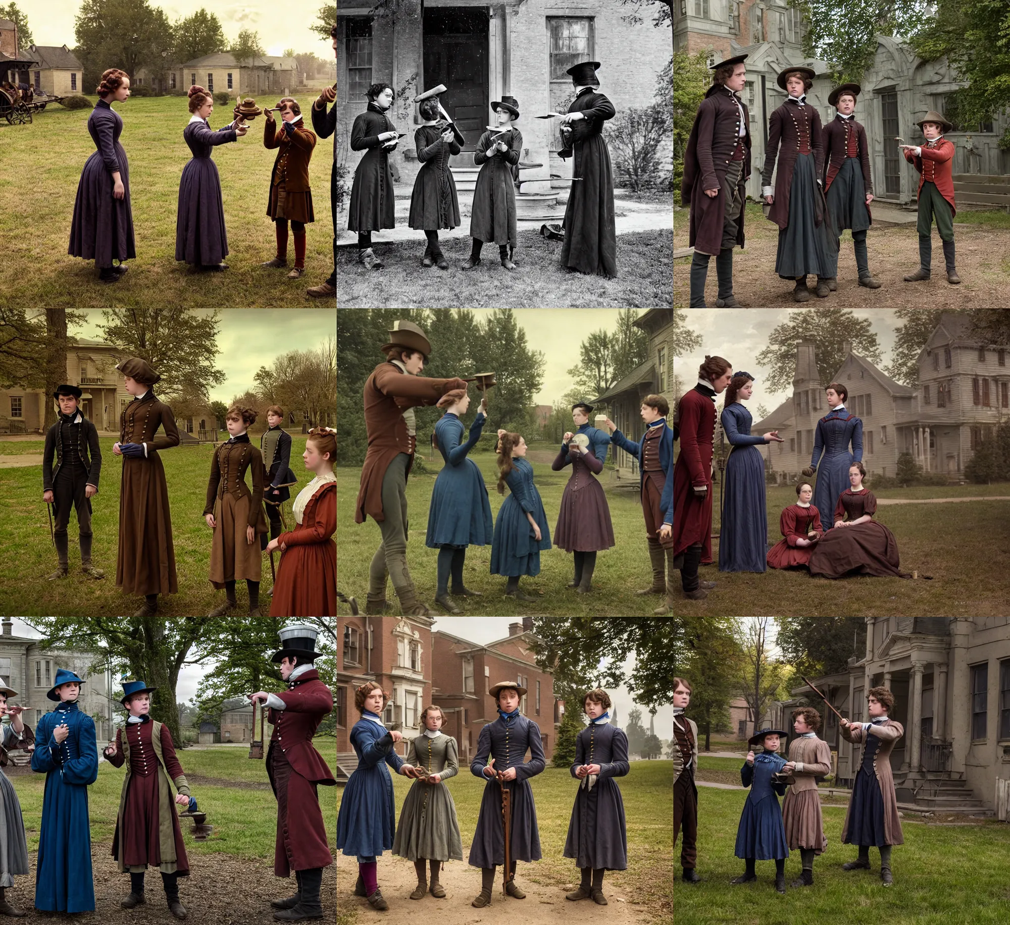 Prompt: sharp lens, detailed, film still from a 2 0 1 9 sci fi blockbuster color movie, set in 1 8 5 0 in an alternate universe, mid distant shot of three students practicing magic, outside the school of magic, 1 8 5 0 s clothing, atmospheric lighting, in focus, real faces, 3 5 mm macro lens, live action, good special effects