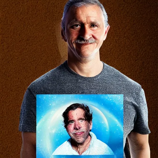 Prompt: portrait of man posing with universe projection texture