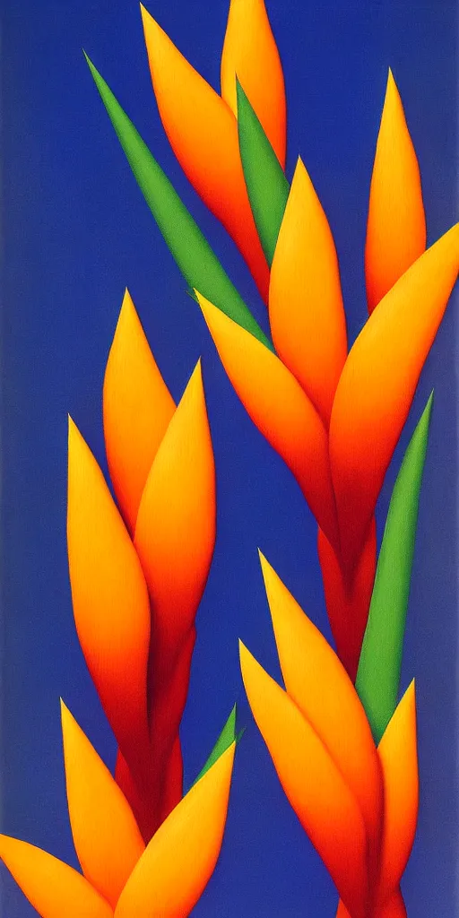 Prompt: geometric painting of birds of paradise by rene magritte