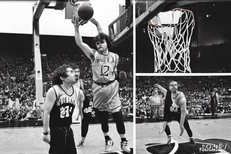 Prompt: peter dinklage dunking a basketball nba slam dunk contest 1 9 9 8, in the style of eugene atget and peter witkin