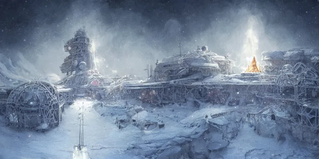 Image similar to North pole, snow, Gargantuan Mothership landing on ice, lasers attack on people and laboratories, wide angle, professional kodak lenses, magic, fire, face painting, dramatic lighting, intricate, wild, highly detailed, digital painting, artstation, concept art, smooth, sharp focus, illustration, art by artgerm and greg rutkowski and alphonse mucha, footage from space camera