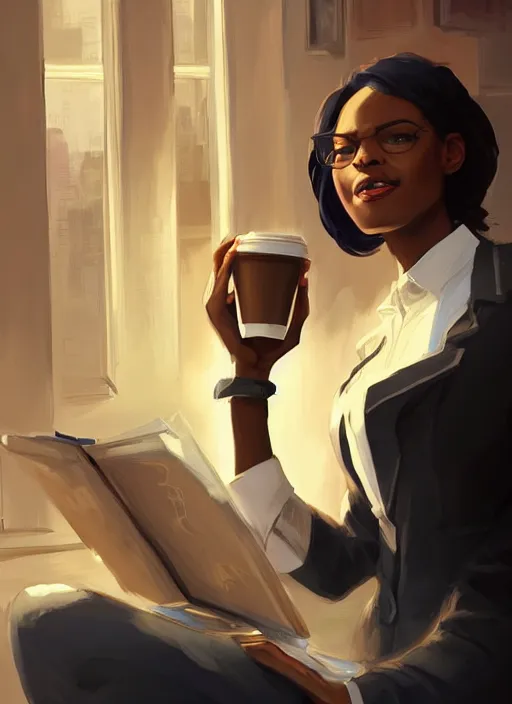 Prompt: detailed digital painting of beautiful black woman in corporate attire cell phone and steaming coffee mug, fanart behance trending on artstation, concept art, matte, sharp focus, illustration, corner office background, hearthstone, art by artgerm and greg rutkowski and alphonse mucha