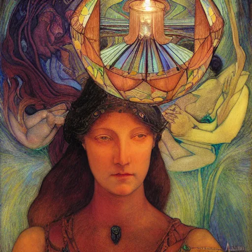 Prompt: the dawn queen with her lantern, by annie swynnerton and diego rivera and elihu vedder, symbolist, dramatic lighting, elaborate geometric ornament, art brut, soft cool colors, smooth, sharp focus, extremely detailed, leo and diane dillon, soft pastel colors