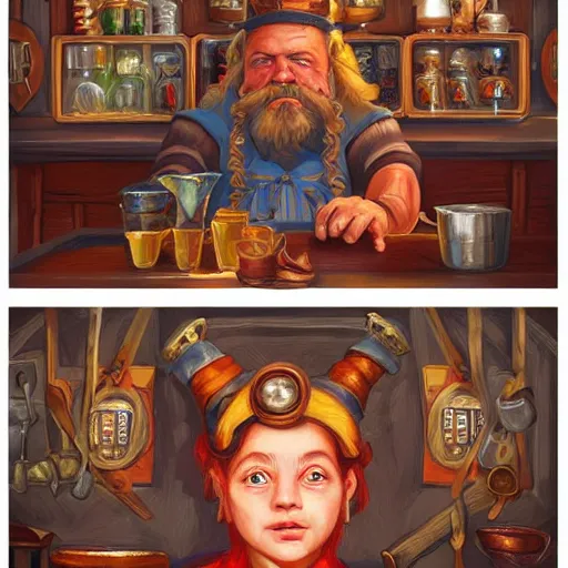Prompt: dwarf tavern keeper by casey weldon and martine johana, rich colors, intricate, elegant, highly detailed, centered, digital painting, artstation, concept art, smooth, sharp focus, illustration